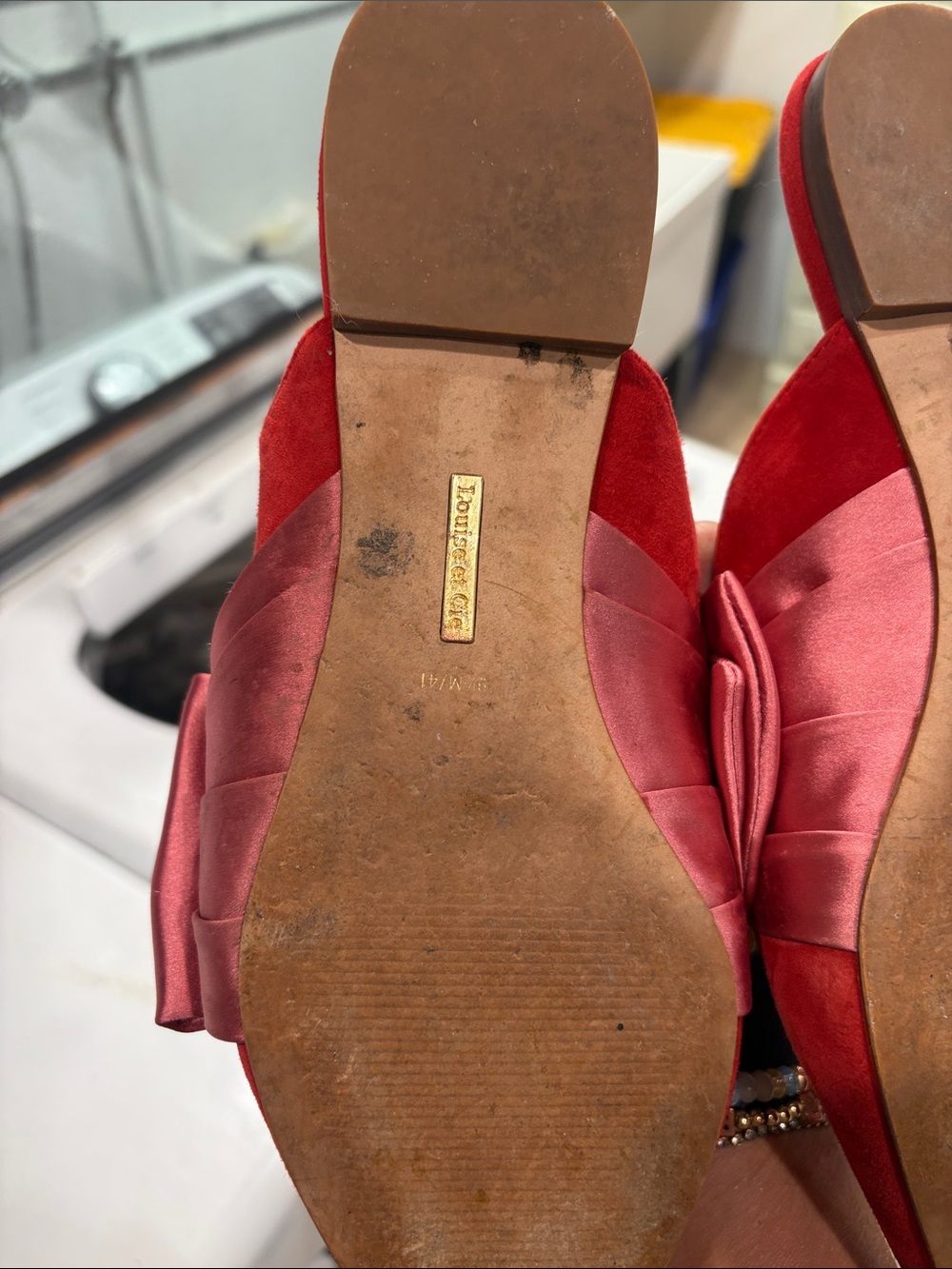 Louise et Cie Red Pointed Suede Mules with Pink Satin Bow - Picture 3 of 4